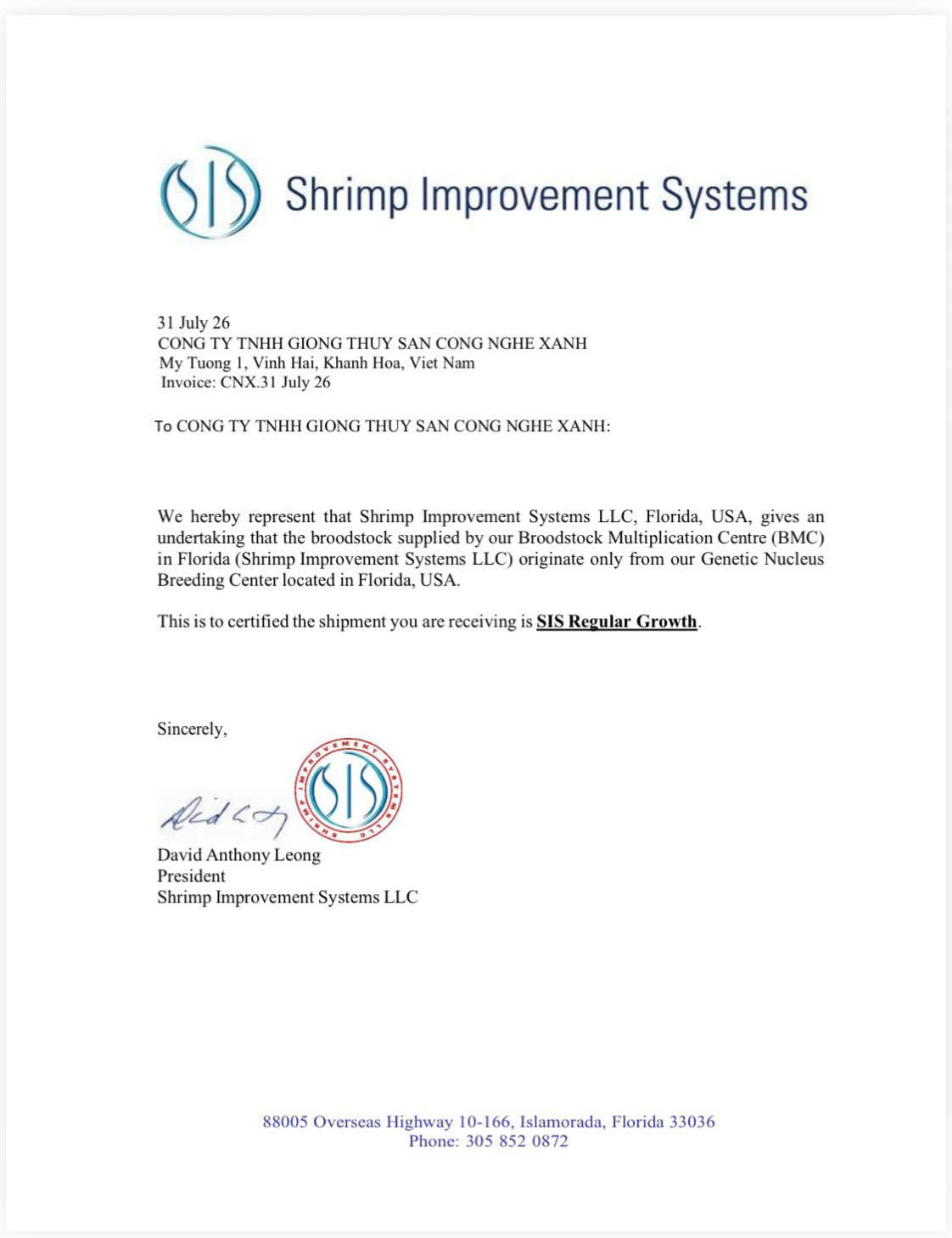 chứng nhận tôm bố mẹ SIS Regular Growth Green Tech